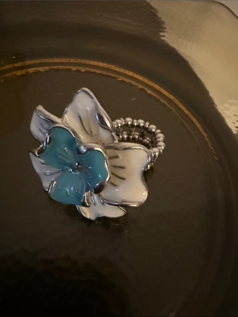 Silver Floral Ring with Turquoise Enamel Accent